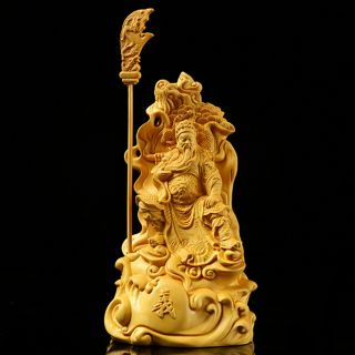Boxwood Wood Carving Guan Yu Gong Statue Warrior God Handcarved Sculpture Amulet 3