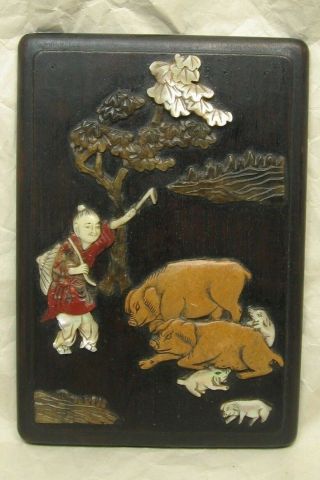 Antique Chinese Stone And Mother Of Pearl Plaque With Boy And Pig Family Motif