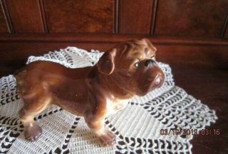Vintage Porcelain Dog Figurine Brown & Tan Bulldog 5 " Long Japan 1950s - 60s