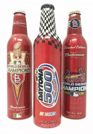 Budweiser 2006 & 2011 World Champions St Louis Cardinals & Daytona 500 Bottles