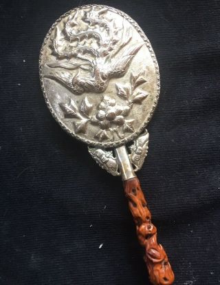 Chinese Antique Silver Mirror With Wood Handle
