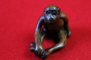 Japanese Antique Netsuke Wood carved Monkey Meiji period curve Signed 3