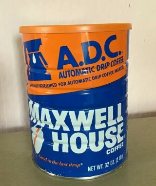 Vintage 1976 Empty 32 Oz Maxwell House Adc Grind Coffee,  Blue And Orange Can