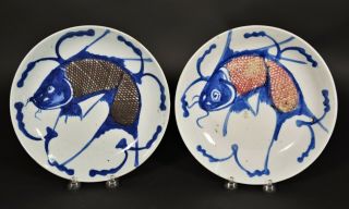 Blue & White Fish Plates - China Early 19th C Qing Daoguang Period