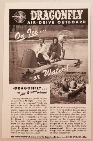 1956 Print Ad Dragonfly Air - Drive Outboard Motor Ice & Water Boat Kansas City,  Mo