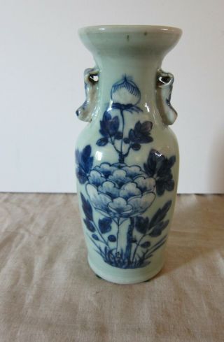 Antique 19th Century Chinese Celadon Vase With Blue Floral Decoration 9 1/4