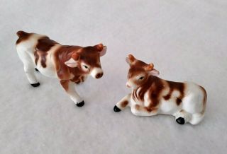 Bone China Miniature Cow Bull Figurines Set Of 2 Very Cute Japan