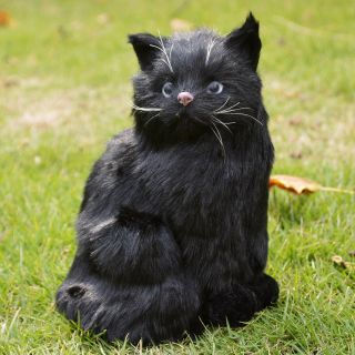 Lifelike Black Plush Furry Sitting Cat Realistic Pet Animal Figurine Home Decor
