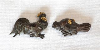 Antique Japanese Sword Menuki Pair Chickens Rooster Hen Black Shakudo Gold Gilt