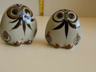 2 Vintage Owls Mexican Pottery Folk Art Hand Painted Mexico Ceramic Bird -