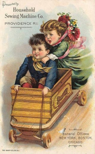 Household Sewing Machine Providence Ri Victorian Trade Card Boy Girl Wagon