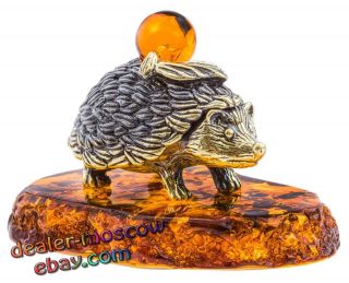 Bronze Solid Brass Baltic Amber Figurine Forest Hedgehog Statuette