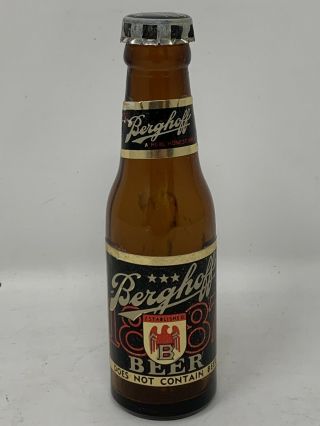 Vintage Berghoff Beer Brown Glass Mini Souvenir Bottle 2 Foil Paper Labels 4”