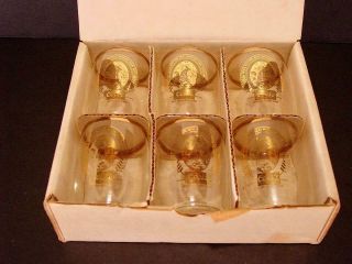 6 Vintage Coors Beer Barrel Tasting Gold Rim Drinking Glasses Mid Century
