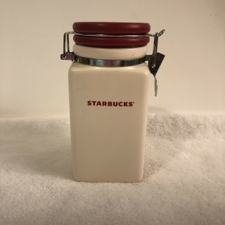 Starbucks Coffee Canister 2008 Snowflake White Red Snap Lid Ceramic 27 Fl/oz