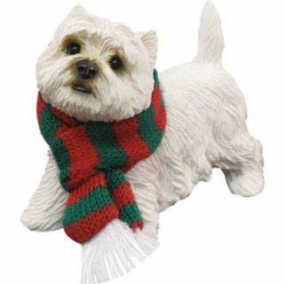 Sandicast West Highland White Terrier With Red And Green Scarf Christmas