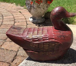 Antique Chinese Carved Wood Red Gold Paint Duck Decoy Statue Chicken Box Opens