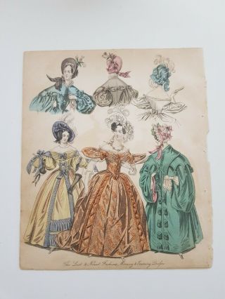 French La Mode Fashion Plate Hand - Coloured Antique Prints (set Of 3)