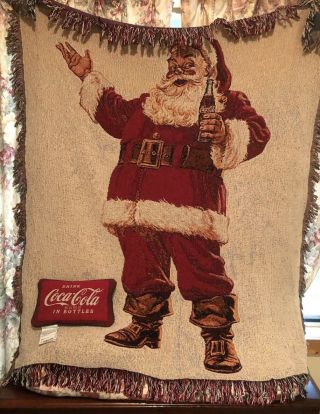 Santa Drinking A Coca Cola Tapestry Fringed Throw Blanket 50” X 60” & Pillow