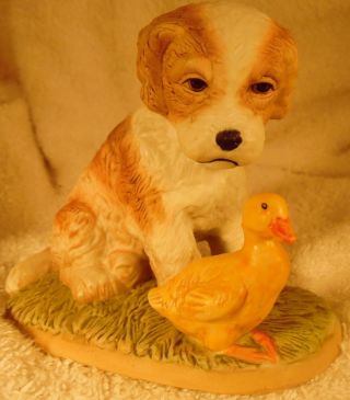 Dog Figurine Saint Bernard Pup W/duckling Red & White Porcelain 1990 