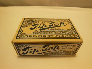 Vintage Rare Nos Full Tip Top Wood Tooth Picks Box Great Graphics Made U.  S.  A