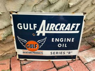 Old " Gulf Aircraft Engine Oil " Porcelain Advertising Sign,  (16 " X 13),  Sign