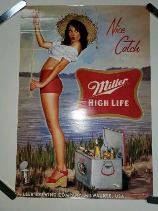 2004 Miller High Life Catch Fishing Pin Up Poster W/ Vintage Cooler