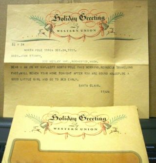 Vintage (1931) Western Union Telegram Holiday Greeting From Santa Claus,  Envelop