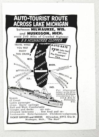 1954 Print Ad Ss Milwaukee Clipper Great Lakes Route Milwaukee,  Wi To Muskegon,  Mi