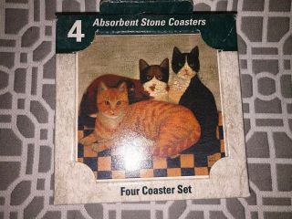 Set Of Four Stone Art Cat Images Absorbent Stone Coasters - In The Box