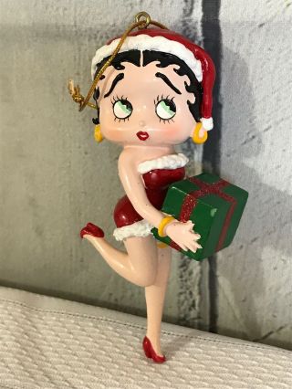 Betty Boop Plastic Christmas Ornament Holding Gift Box Present Wearing Hat