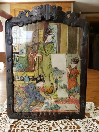 Antique 19th Cen.  Chinese Japanese Carved Redwood Frame Reverse Glass Painting