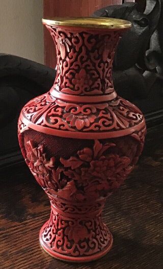 8” Tall Red On Black Cinnabar Baluster Vase.  Deeply Carved On Brass Body.