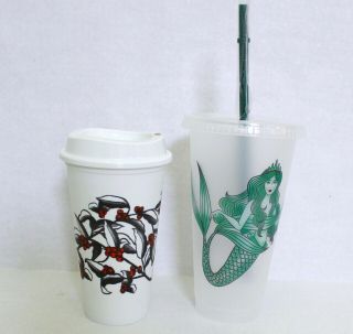 Starbucks Reusable Plastic Frosted Siren Mermaid Cold Cup & Cherries Hot Cup