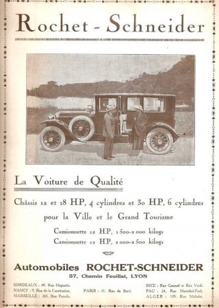 1922 - Rochet - Schneider 12 - 18 & 30 Hp Automobiles - Vintage French Ad