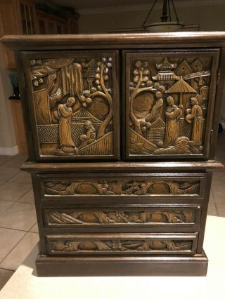 Hand - Carved Relief Asian Hard Wood Jewelry Chinese Box