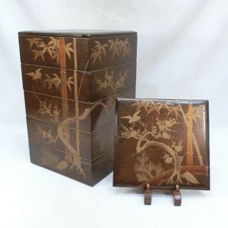 H577: Japanese Tier Of Old Lacquered Boxes Jubako With Shochikubai Makie