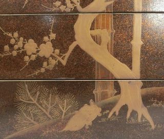 H577: Japanese tier of old lacquered boxes JUBAKO with SHOCHIKUBAI MAKIE 6