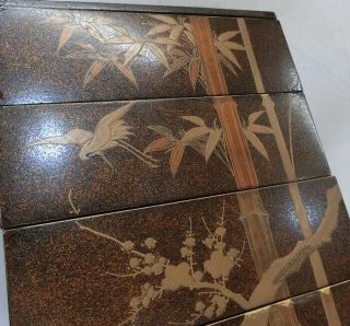 H577: Japanese tier of old lacquered boxes JUBAKO with SHOCHIKUBAI MAKIE 8