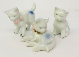 Vintage Blue & White Cats Kittens With Pink Bows Figurines Set Of 3 Collector