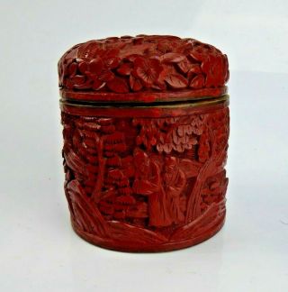 Chinese Antique Carved Cinnabar Lacquer Round Box / Tea Caddy Qing Fine