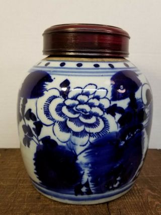 Chinese Old 18/19th Century Cobalt Blue & White Ginger Jar Floral W/ Lid