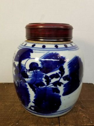 Chinese Old 18/19th Century Cobalt Blue & White Ginger Jar Floral w/ Lid 2