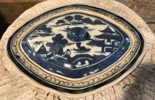 Antique Chinese Export Porcelain Blue & White Canton Lidded Serving Dish Bowl