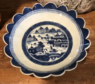 Antique Chinese Export Porcelain Blue & White Canton Scalloped Dish Plate Bowl