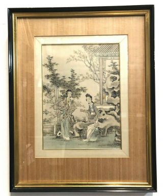 Antique Japanese Watercolor On Silk Two Ladies Holding A Scroll 15 X 19
