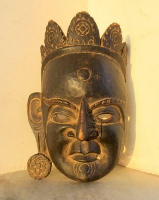 Antique Old Hand Carved Wooden South Indian Yali Hindu Home Devil Demon Mask