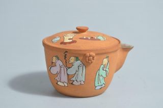 T4638: Japanese Banko - Ware Colored Porcelain Person Pattern Tea Pot Houhin
