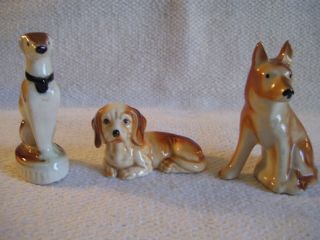 3 Vintage Dog Figurines Glazed Ceramic Dachshund,  Akita?,  Whippet?