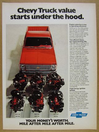 1976 Chevy Chevrolet Pickup Trucks 6 V6 & V8 Engines Photo Vintage Print Ad